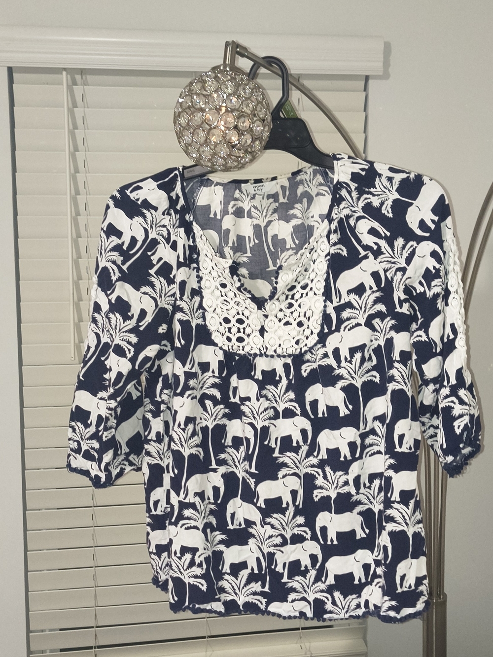 Crown And Ivy Navy and White Elephant Print Crochet-Trim Blouse